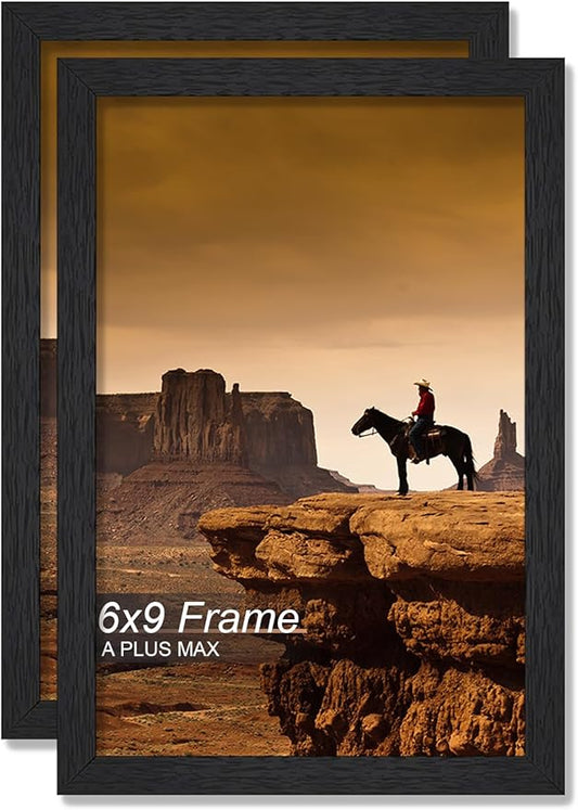 A PLUS MAX 6x9 Picture Frame Set of 2, Black Engineered Wood Frame for 6 x 9 Inch Picture Poster Photo, Light Weight 6 by 9 Frame with Wood-grain for Wall - 2 Pack/Black/6"x9"