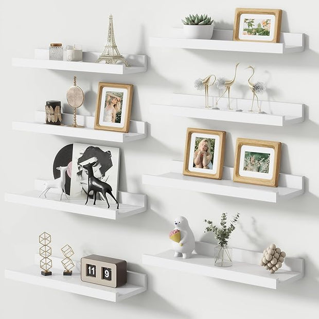 Picture Ledge Shelf, Small Floating Shelves Set of 8, 16 Inches Nursery Book Shelves for Toys Storage, Kids Bookshelf Wall Mounted for Living Room Bedroom Decor Books Photo Frames, Matte White