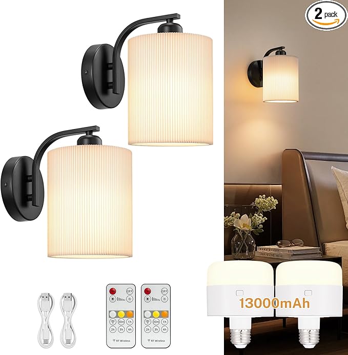 Battery Operated Wall Sconce Set of 2, Rechargeable Wall Sconce with 13000mAh Bulb Pleated Fabric, Wireless Battery Powered Wall Sconces Set of 2 for Bedroom Living Room, Black