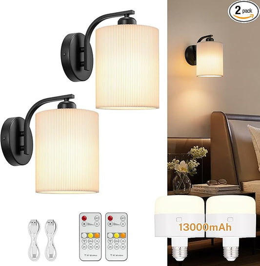 Battery Operated Wall Sconce Set of 2, Rechargeable Wall Sconce with 13000mAh Bulb Pleated Fabric, Wireless Battery Powered Wall Sconces Set of 2 for Bedroom Living Room, Black