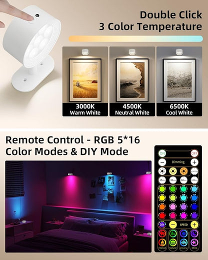 Picture Lights for Wall, 2000mAh Rechargeable Magnetic Art Lights with 3 Color Temps & RGB, Remote Dimmable Battery Operated Wall Light for Bedroom, Living Room, Gallery (White, 6 Pack)