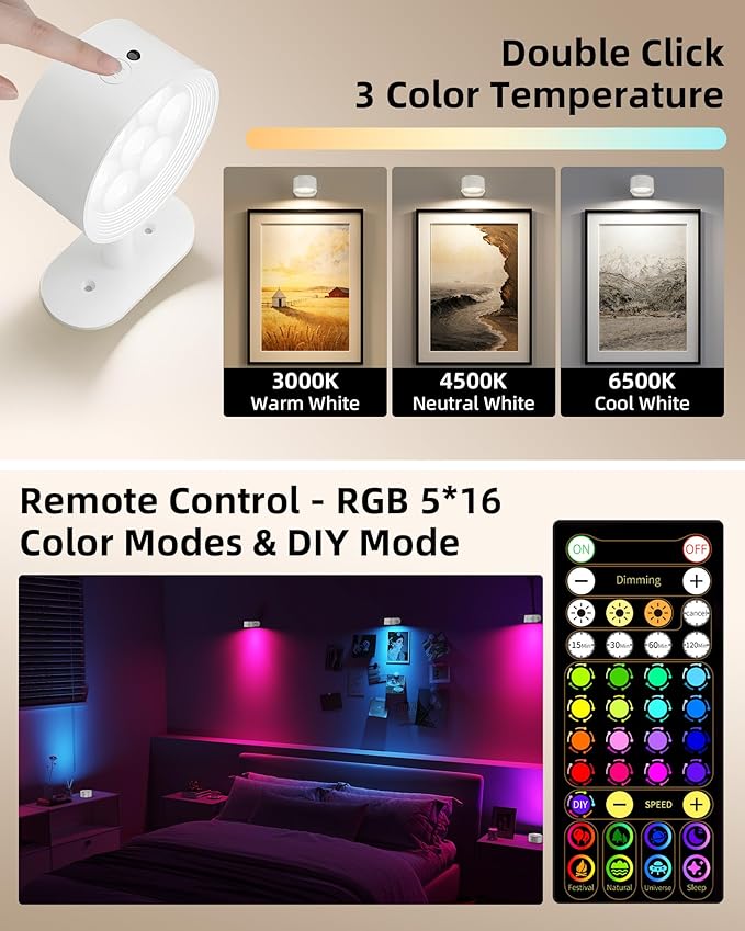Picture Lights for Wall, 2000mAh Rechargeable Magnetic Art Lights with 3 Color Temps & RGB, Remote Dimmable Battery Operated Wall Light for Bedroom, Living Room, Gallery (White, 3 Pack)
