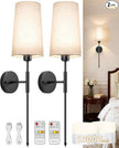 Battery Operated Wall Sconce Set of 2, 13000mAh Rechargeable Battery Powered Sconces with Remote Dimmable Fabric Shade Wireless Sconces Fixture for Bedroom Living Room