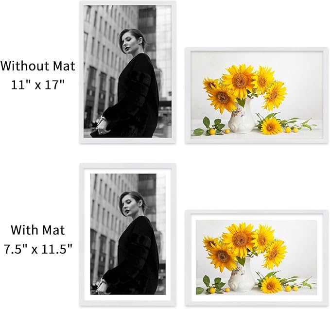 puthiac 11x17 Solid Oak Wood Picture Frame, Fits 8x12 with Mat or 11x17 Without Mat, Wall Display Only, Vertical or Horizontal, Plexi Front, 1 Pack, White