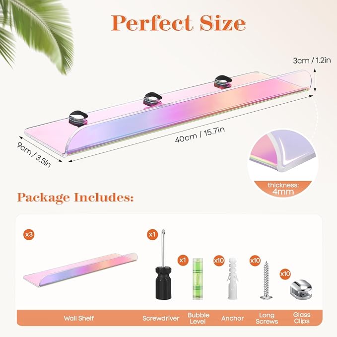 15 Inch Acrylic Floating Shelves for Wall Decor, 3 Pack Iridescent Acrylic Shelves for Bedroom Kitchen Office Nursery, Stylish Wall Mounted Vinyl Record Holder, Magazine Rack, Picture Ledge