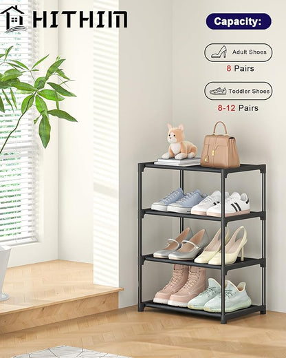 4 Tiers Small Shoe Rack,Narrow Stackable Shoe Shelf Organizer,Sturdy Shoe Stand, Non-Woven Fabric Metal Shoe Racks for Entryway, Doorway and Bedroom Closet
