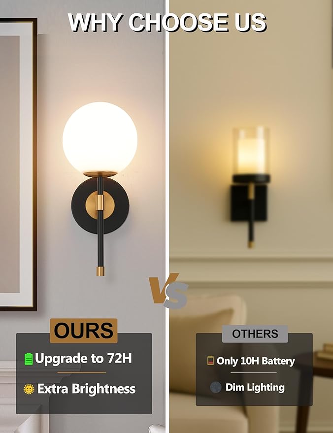 Battery Operated Wall Sconces Set of 2, Glass Globe Wireless Lights with Remote & Touch Control, Rechargeable Black & Gold Sconce, 3 Color Dimmable Ambient Lighting for Bedroom Living Room