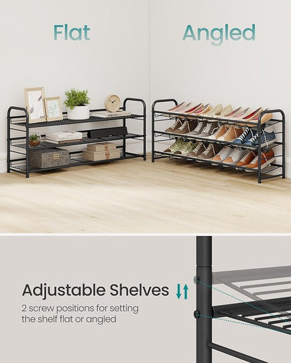 SONGMICS Stackable Shoe Rack, 3 Tier Metal Shoes Rack Storage Shelf, Holds up to 15 Pairs, Adjustable Slanted Shelves Tower Organizer for Closet Entryway Small Spaces, Black ULMR106BD01