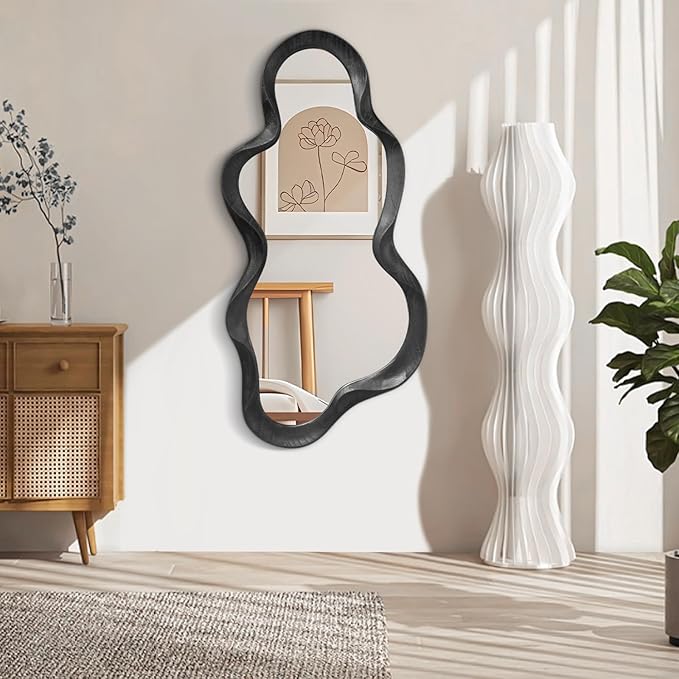 Irregular Wooden Framed Wall Mirror Modern Asymmetrical Cloud Hanging Mirror Artistic Mirror Decor Bathroom Vanity Bedroom Living Room Entryway Hallway Large 120x55cm Black