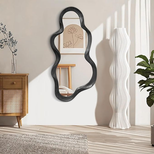 Irregular Wooden Framed Wall Mirror Modern Asymmetrical Cloud Hanging Mirror Artistic Mirror Decor Bathroom Vanity Bedroom Living Room Entryway Hallway Large 120x55cm Black