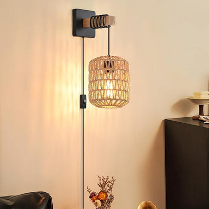 Rustic Wall Sconces Fixtures with Plug in Cord, Set of Two Indoor Vintage Rattan Wall Light Industrial Lamp Fixture Farmhouse Metal Sconces Light for Bedroom Bedside Living Room