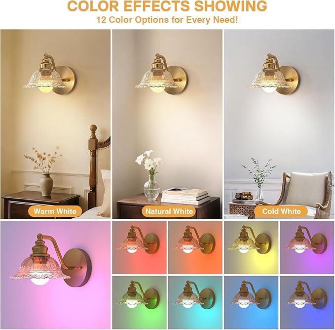 Redluck Battery Operated Wall Sconce with Remote Control, Vintage Amber Glass Wireless Wall sconces Set of Two, Rechargeable Battery Powered Wall Lamp for Bedside Bedroom Living Room Hallway Decor