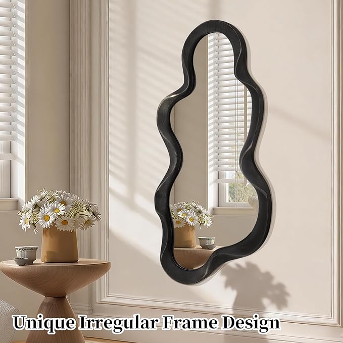 Large Asymmetrical Mirror Irregular Modern Cloud Wall Mirror Wood Frame Unique Artistic Wavy Mirror Wall Mounted Vanity Mirror Decorative for Living Room Bedroom Bathroom Entryway Hallway 30