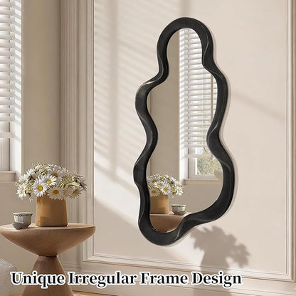 Large Asymmetrical Mirror Irregular Modern Cloud Wall Mirror Wood Frame Unique Artistic Wavy Mirror Wall Mounted Vanity Mirror Decorative for Living Room Bedroom Bathroom Entryway Hallway 30"x14"