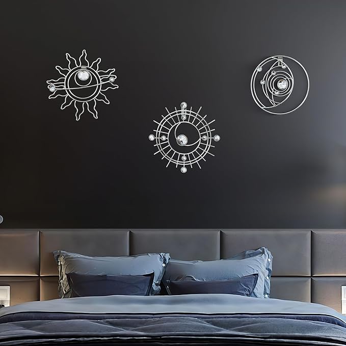 Silver Metal Wall Art, Abstract Sun Moon Star Decor, Modern Line Art Valentine Decorations, Mystical Star Circle Planet Handmade Wall Valentine Decor for Living Room Kitchen Office 9 inch