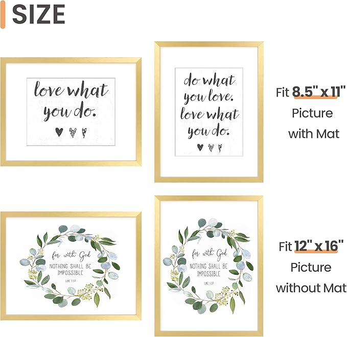 upsimples 12x16 Picture Frame Set of 5, Display Pictures 8.5x11 with Mat or 12 x 16 Without, Wall Gallery Poster Frames, Gold