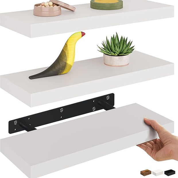 Ballucci Floating Shelves, 16" Wood Wall Shelf Set of 3, Invisible Brackets Floating Shelf for Wall Decor Living Room, Bathroom, Bedroom, Kitchen, 6" Depth, White