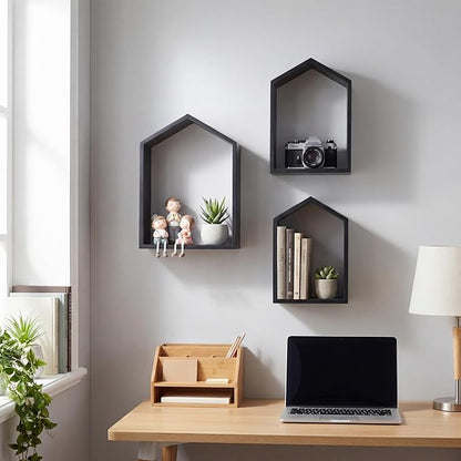 3 Set Wall Shelf 9.8 x 7.1 Inch Wooden Hanging Shelf Deep Display Storage Shelves Floating Shelves for Home Office Room Mini Figures Potted Plants Wall Decor(House,Black)