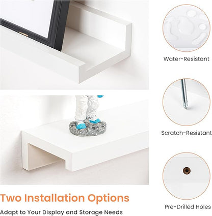 RICHFOCUS Picture Ledge Shelf, 55 inch Floating Shelves Set of 2, Wood Wall Shelves with Lip, Wall Decor Storage for Bedroom Living Room Bathroom Kitchen Nursery Photo Picture, White