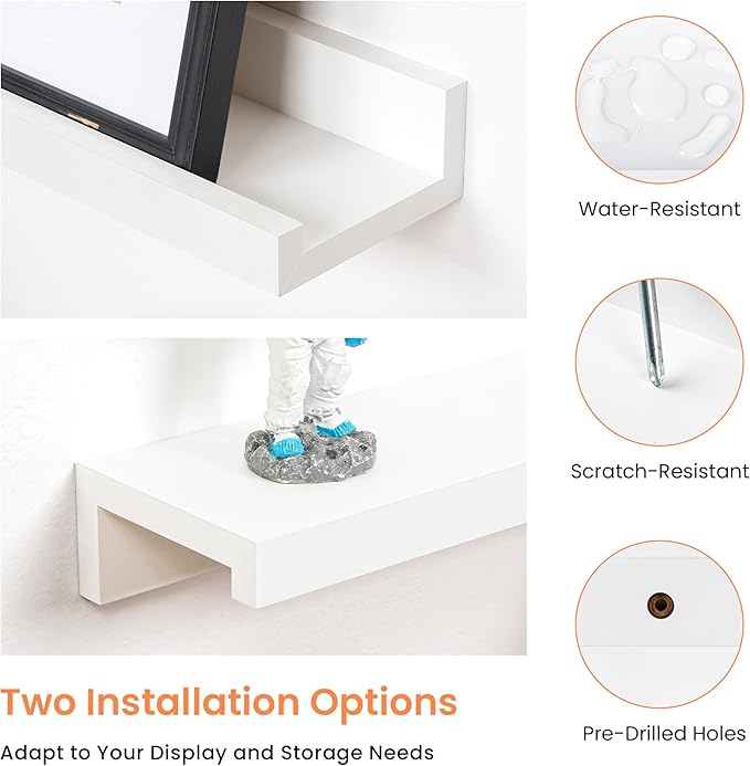 RICHFOCUS Picture Ledge Shelf, 24 inch Floating Shelves Set of 2, Wood Wall Shelves with Lip, Wall Decor Storage for Bedroom Living Room Bathroom Kitchen Nursery Photo Picture, White