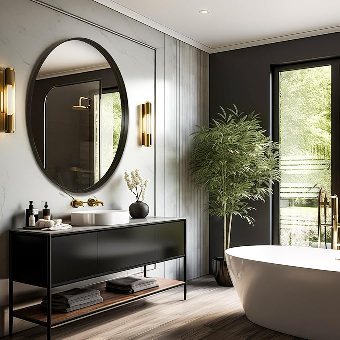 30 Inch Round Bathroom Mirror - Wall Mounted Circle Mirror with Metal Frame, Modern Mirror Suitable for Bathroom, Vanity, Entryway, Living Room, Wall Decor,Black