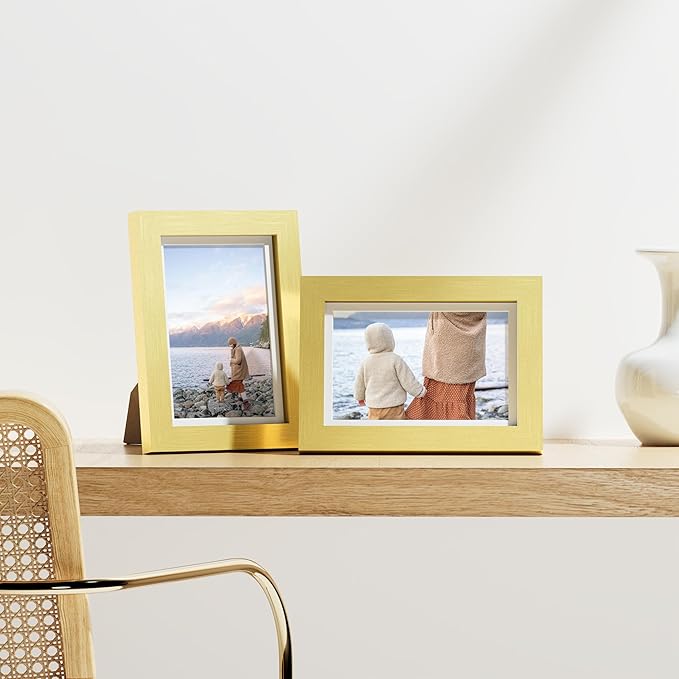 Vittanly 4x6 Picture Frames Set of 9, Shatter Resistant Plexiglass, Display 3.5x5 Pictures with Mat or 4x6 without Mat, Photo Frames for Wall or Tabletop, Engineered Wood, Gold