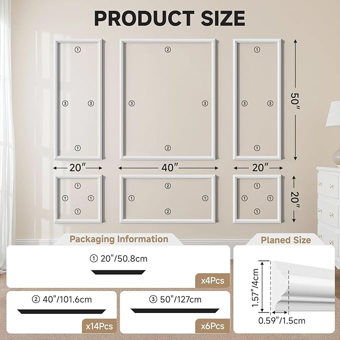 TONGMO 6-Frame Premade Accent Wall Molding Kit, Ready-to-Assemble Wainscoting Panels, Pre-Cut Chair Rail Moulding Trim for Home Décor (6-Frame Style 2)