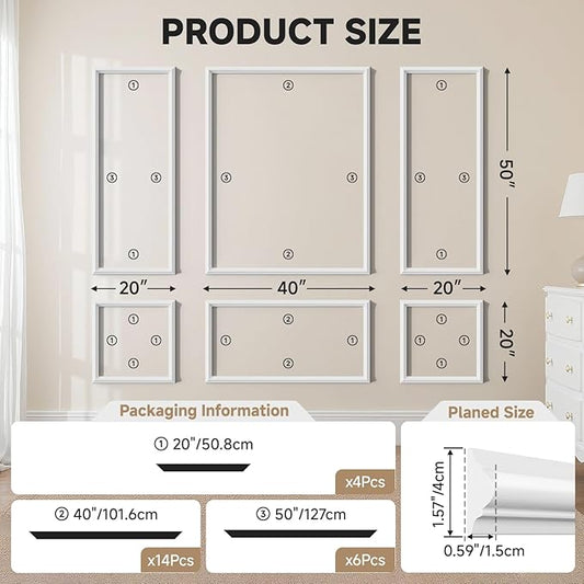 TONGMO 6-Frame Premade Accent Wall Molding Kit, Ready-to-Assemble Wainscoting Panels, Pre-Cut Chair Rail Moulding Trim for Home Décor (6-Frame Style 2)