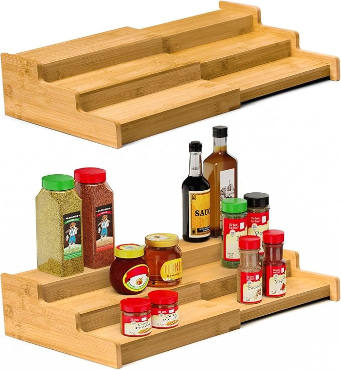 Spice Rack, 3-Tier Expandable Bamboo Spice Rack Organizer for Cabinet, Kitchen, Pantry and Cupboard Storage Organizer(2pack)