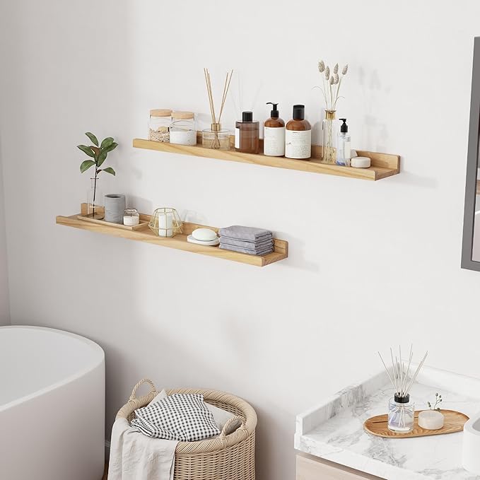 RICHFOCUS Floating Shelves for Wall, 36 inch Solid Wood Picture Ledge Shelf for Wall Storage, Nursery Book Shelves with Lip for Living Room Bathroom Bedroom Kitchen, Set of 2, Natural