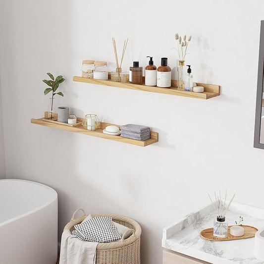 RICHFOCUS Floating Shelves for Wall, 36 inch Solid Wood Picture Ledge Shelf for Wall Storage, Nursery Book Shelves with Lip for Living Room Bathroom Bedroom Kitchen, Set of 2, Natural