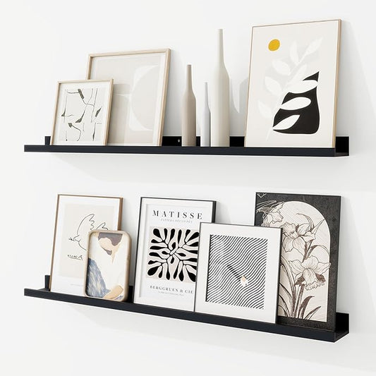 RICHFOCUS Picture Ledge Shelf, 36 inch Floating Shelves Set of 2, Wood Wall Shelves with Lip, Wall Decor Storage for Bedroom Living Room Bathroom Kitchen Nursery Photo Picture, Black