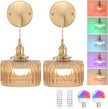 Battery Operated Wall Sconce with Amber Striped Shade Pattern Glass Adjustable Chain Retro Gold Wall Mounted Light, Modern Wall Decor for Bedside Bedroom Indoor Doorway， Set of 2