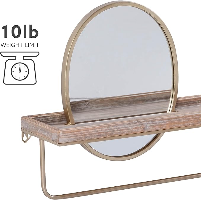 Linon Gourli Modern Farmhouse Gold Metal and Wooden Wall Shelf with Mirror