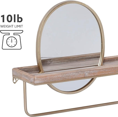 Linon Gourli Modern Farmhouse Gold Metal and Wooden Wall Shelf with Mirror