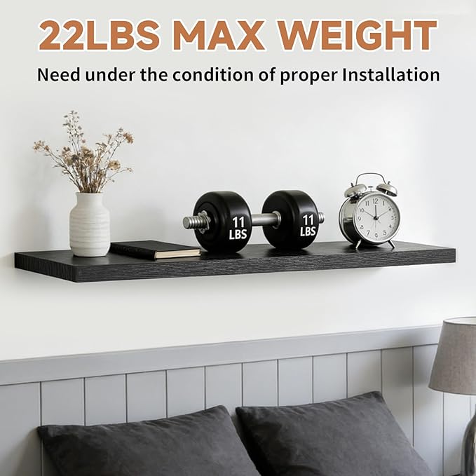 Assembly Easy Floating Shelves Set of 3,24 Inch Wall Mounted Wooden Shelf, Rustic Hanging Shelves for Home Decor, Books and Storage, Organizer for Bedroom,Small Bathroom,Kitchen,Black