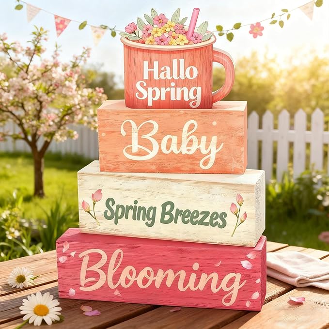 Spring Decoration Wooden Tiered Tray Decor – Sweet Spring Mug Stacked Block Sign with Floral Cup Topper – Farmhouse Tabletop Spring Decor for Living Room Shelf Seasonal Home Display
