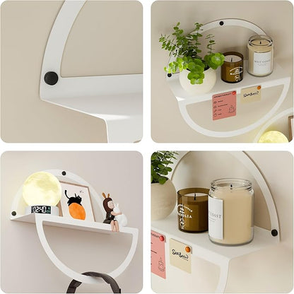 Floating Wall Shelves Set of 2, 11.8 Inch Round Metal Shelves for Wall Decor, One-Tier Small Display Shelf for Bedroom, Living Room, Bathroom, Kitchen Storage & Decoration, White