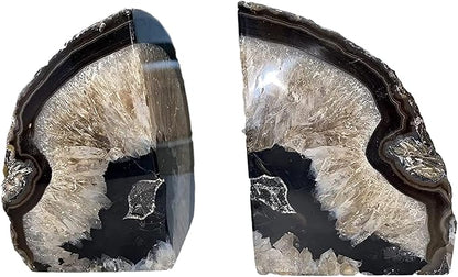 JIC Gem Geode Bookends Large Black Crystal Bookends Decorative Heavy Duty Agate Book Ends for Shelves 1 Pair 4 to 6 LBS with Rubber Bumpers