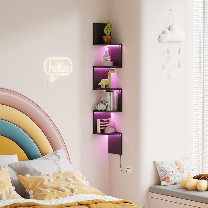 Corner Shelf Wall Mount with LED Light, 5 Tier Floating Corner Bookshelf, Plant Shelf for Bedroom, Floating Shelves for Wall, Display Stand for Living Room, Bathroom, Home Office, Black