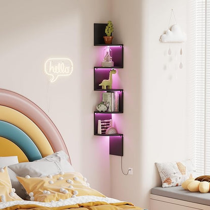 Corner Shelf Wall Mount with LED Light, 5 Tier Floating Corner Bookshelf, Plant Shelf for Bedroom, Floating Shelves for Wall, Display Stand for Living Room, Bathroom, Home Office, Black