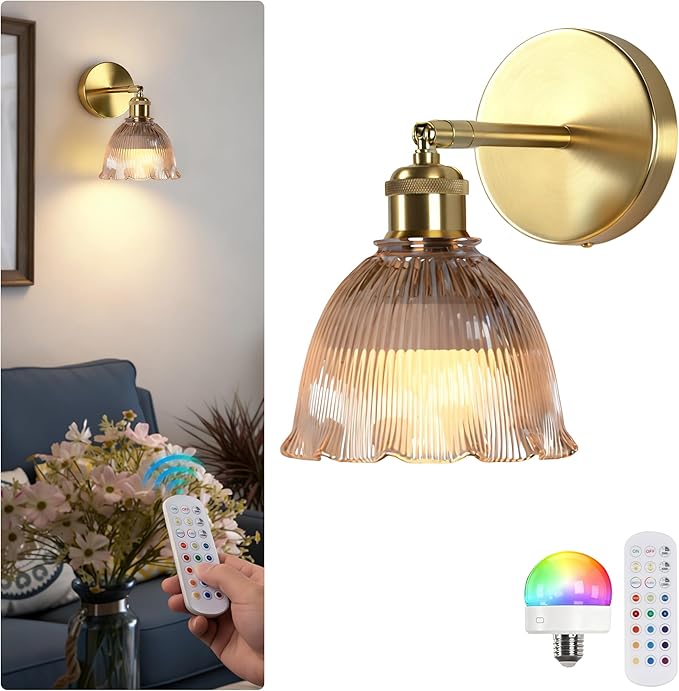 Vintage Battery Operated Wall Sconce with Amber Ripple Glass Lampshade Rechargeable Battery Powered Wall Light with Remote Control for Bedside Bedroom Bathroom, Set of 1