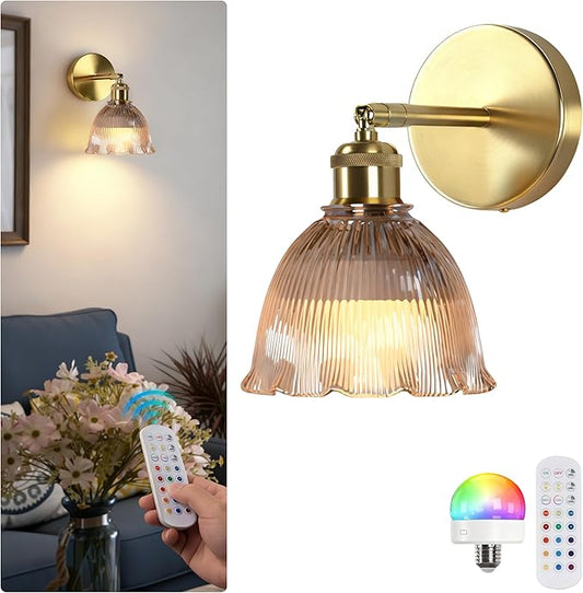 Vintage Battery Operated Wall Sconce with Amber Ripple Glass Lampshade Rechargeable Battery Powered Wall Light with Remote Control for Bedside Bedroom Bathroom, Set of 1