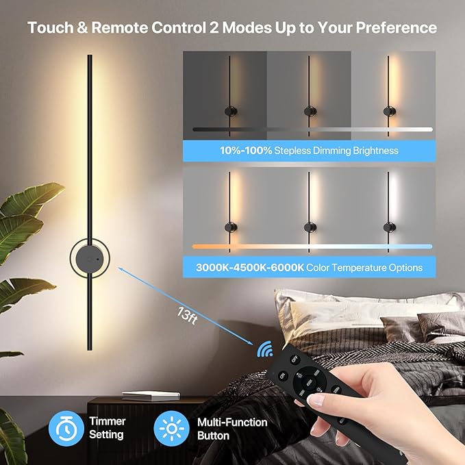Wall Sconces Set of Two Battery Operated, Rechargeable Wall Sconces with Remote&Touch Control USB Charge, Dimmable Wall Sconce 3 Color Timer 31 inch Wall Sconce for Living Room Bedroom, 2Pack