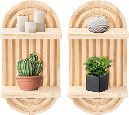 Qivine 2Pcs Boho Shelves for Wall, 2 Tier Rainbow Arch Wooden Floating Shleves, Boho Mid Century Shelf with Arched Wood Design Wall Mounted for Living Room, Bedroom, Bathroom Decor (Beige, 2-Tier)