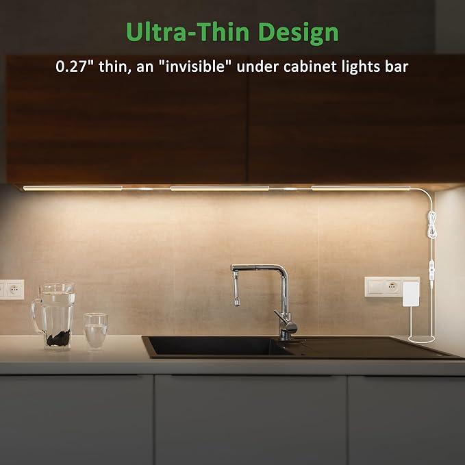 maylit Under Cabinet Lights Plug in, 3 Pcs 12 Inch Ultra Thin Under Cabinet Lighting, Super Bright Warm White Under Counter Lights for Kitchen, Dimmable Light for Cabinet, Counter, Workbench, Desk