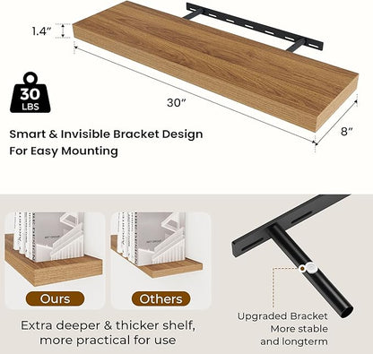 Dreamland 30 Inches Floating Shelves for Wall,8 Inch Deep Floating Shelves Set of 2, Large Display & Storage Shelf, Wall Shelf for Bathroom Bedroom Living Room Kitchen Office,Walnut