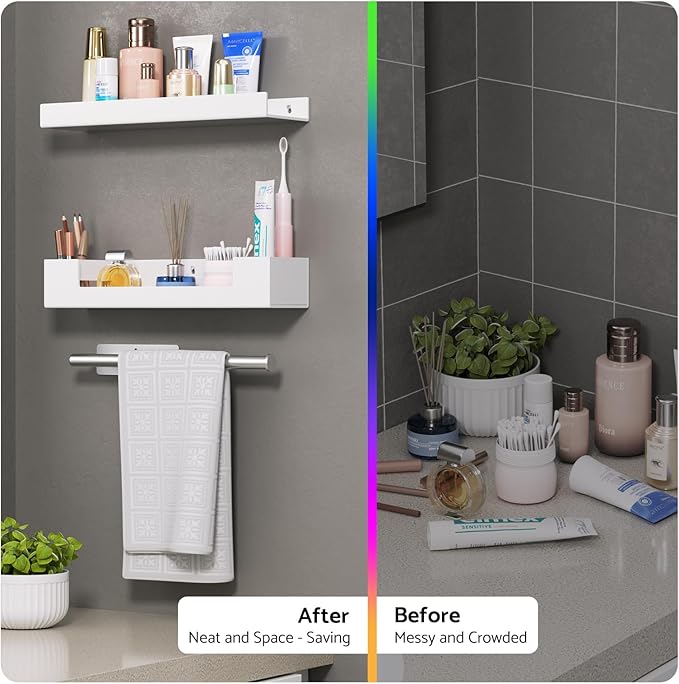HIIMIEI Bathroom Shelves Wall Mounted: White Floating Shelf with Hand Towel Bar, 14.9in Acrylic Hanging Shelves Over Toilet, Set of 3 Bathroom Organizers Rack for Skin Care, Perfume, Lotion Storage