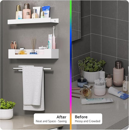 HIIMIEI Bathroom Shelves Wall Mounted: White Floating Shelf with Hand Towel Bar, 14.9in Acrylic Hanging Shelves Over Toilet, Set of 3 Bathroom Organizers Rack for Skin Care, Perfume, Lotion Storage