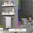 HIIMIEI Bathroom Shelves Wall Mounted: White Floating Shelf with Hand Towel Bar, 14.9in Acrylic Hanging Shelves Over Toilet, Set of 3 Bathroom Organizers Rack for Skin Care, Perfume, Lotion Storage